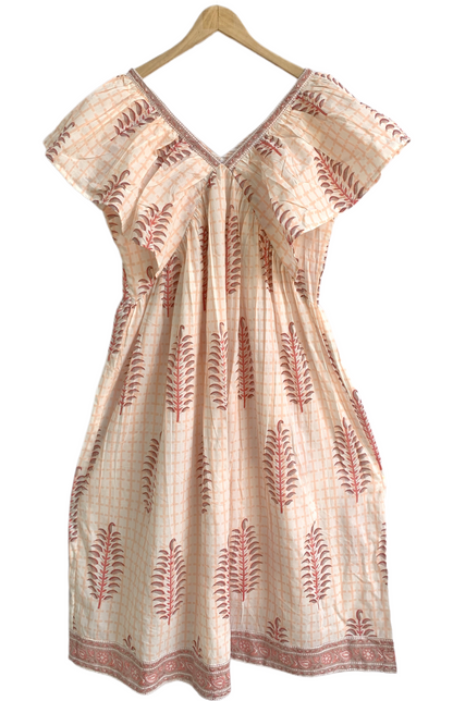 Peach Beige Hand Block Print Midi Dress – Boho Cotton Dress with Ruffle Sleeves & V Neck