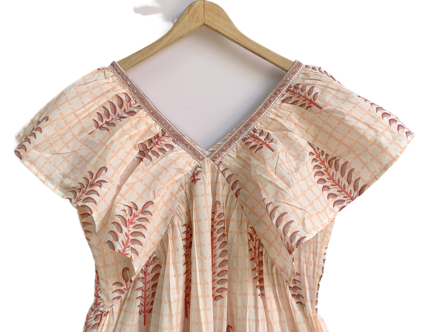 Peach Beige Hand Block Print Midi Dress – Boho Cotton Dress with Ruffle Sleeves & V Neck