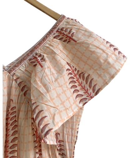 Peach Beige Hand Block Print Midi Dress – Boho Cotton Dress with Ruffle Sleeves & V Neck