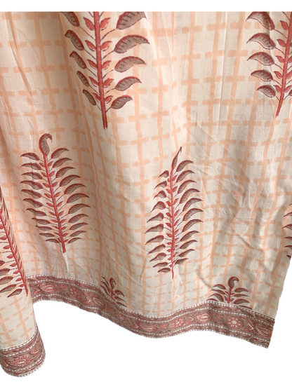 Peach Beige Hand Block Print Midi Dress – Boho Cotton Dress with Ruffle Sleeves & V Neck