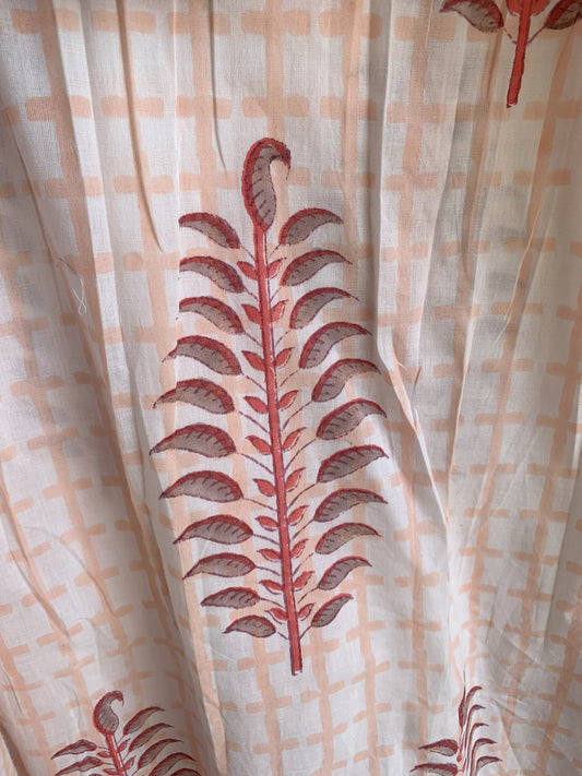 Peach Beige Hand Block Print Midi Dress – Boho Cotton Dress with Ruffle Sleeves & V Neck