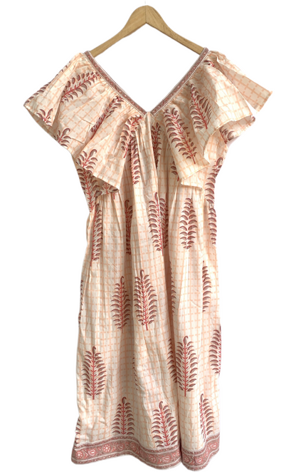 Peach Beige Hand Block Print Midi Dress – Boho Cotton Dress with Ruffle Sleeves & V Neck