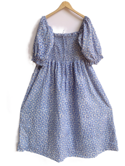 Blue Geometric Hand Block Print Maxi Dress – Smocked Bodice Boho Cotton Dress with Puff Sleeves