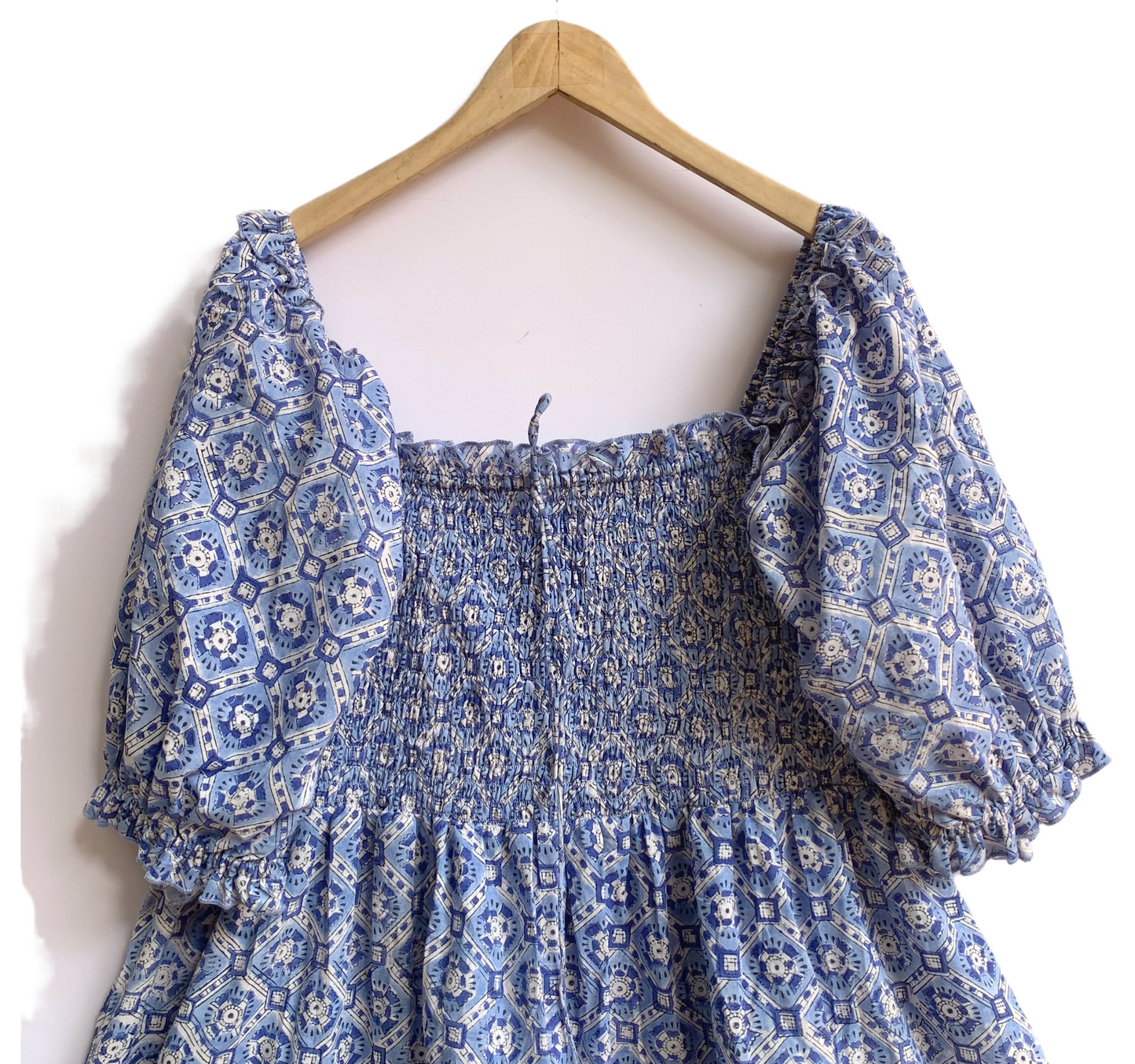 Blue Geometric Hand Block Print Maxi Dress – Smocked Bodice Boho Cotton Dress with Puff Sleeves