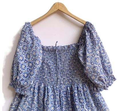 Blue Geometric Hand Block Print Maxi Dress – Smocked Bodice Boho Cotton Dress with Puff Sleeves