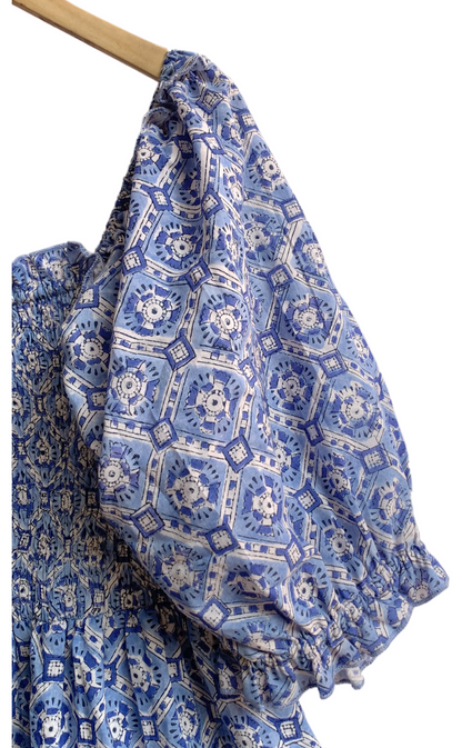 Blue Geometric Hand Block Print Maxi Dress – Smocked Bodice Boho Cotton Dress with Puff Sleeves