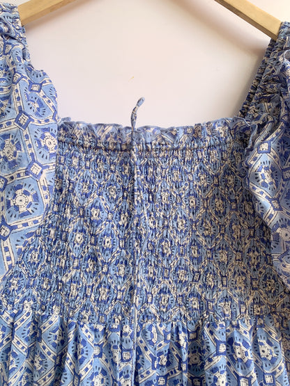 Blue Geometric Hand Block Print Maxi Dress – Smocked Bodice Boho Cotton Dress with Puff Sleeves