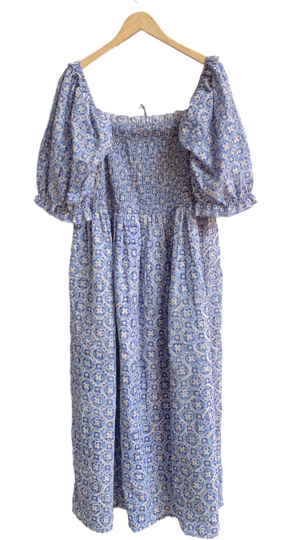 Blue Geometric Hand Block Print Maxi Dress – Smocked Bodice Boho Cotton Dress with Puff Sleeves