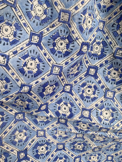 Blue Geometric Hand Block Print Maxi Dress – Smocked Bodice Boho Cotton Dress with Puff Sleeves