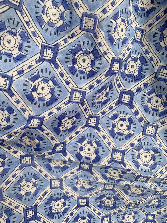 Blue Geometric Hand Block Print Maxi Dress – Smocked Bodice Boho Cotton Dress with Puff Sleeves