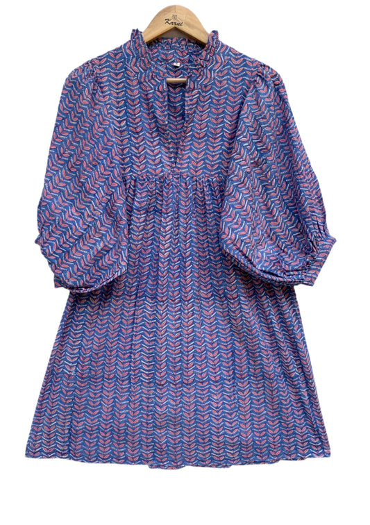 blue cotton womens mini dress with pink detailing