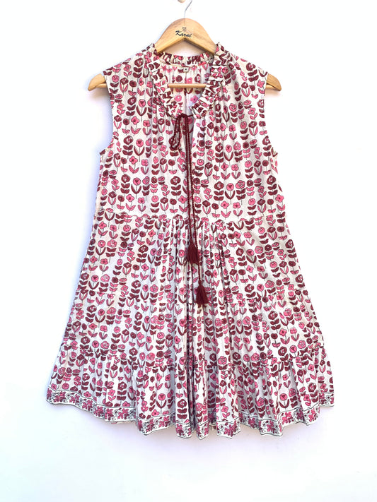 dainty pink and maroon floral dress with tassels