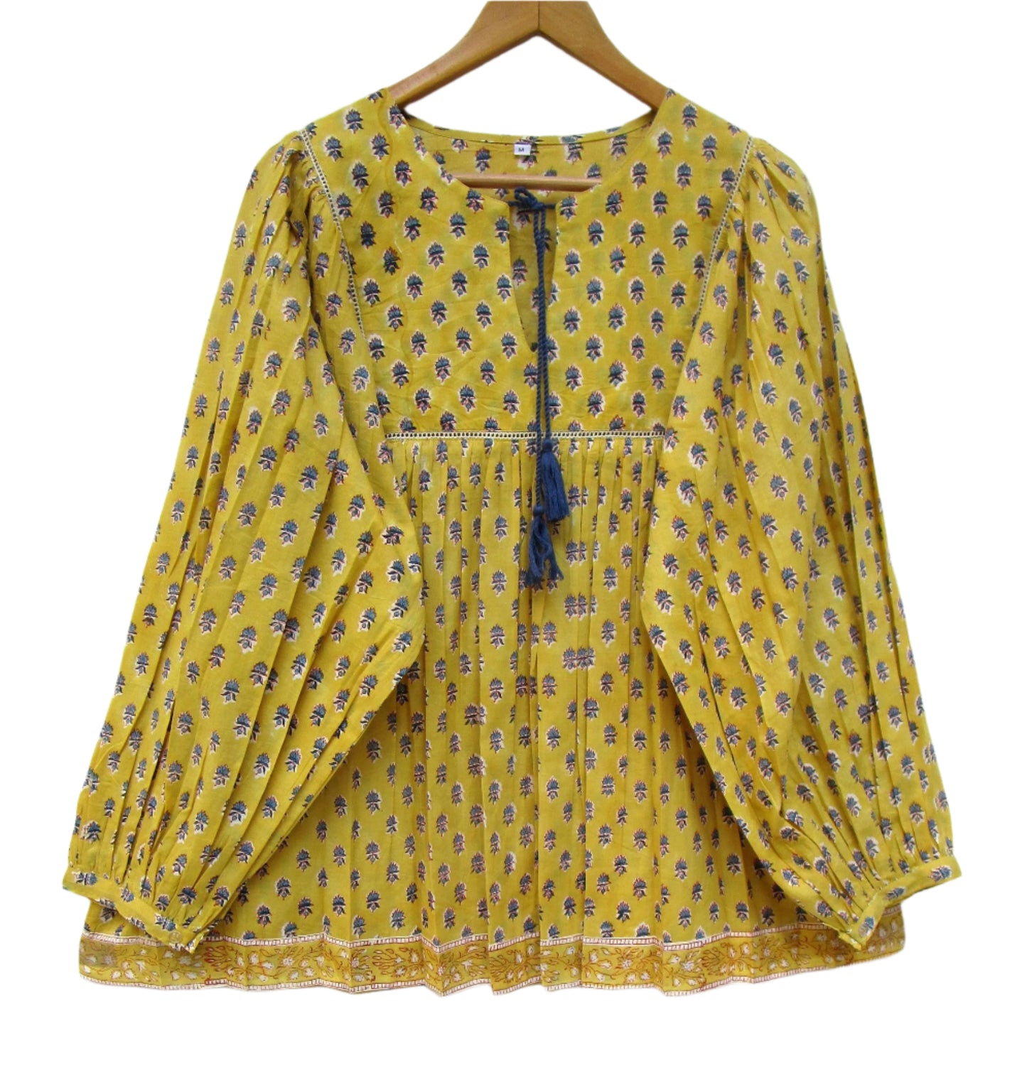 bohemian yellow blue floral hand block printed women's tops and blouse
