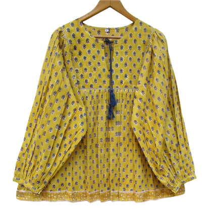bohemian yellow blue floral hand block printed women's tops and blouse