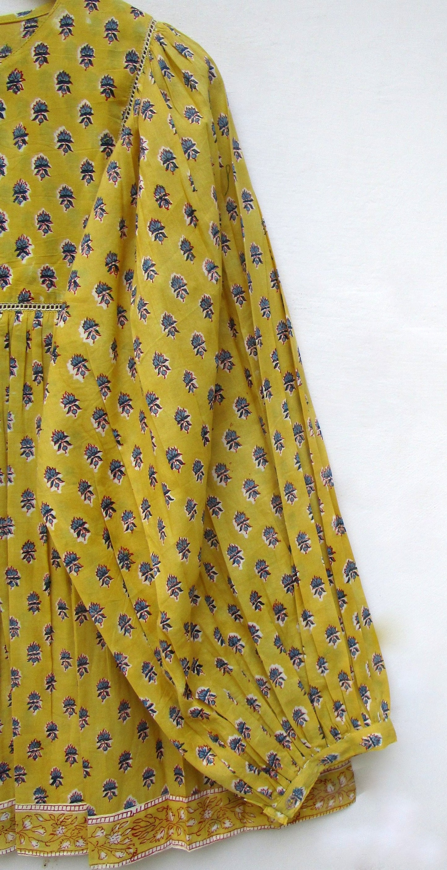 bohemian yellow blue floral hand block printed women's tops and blouse