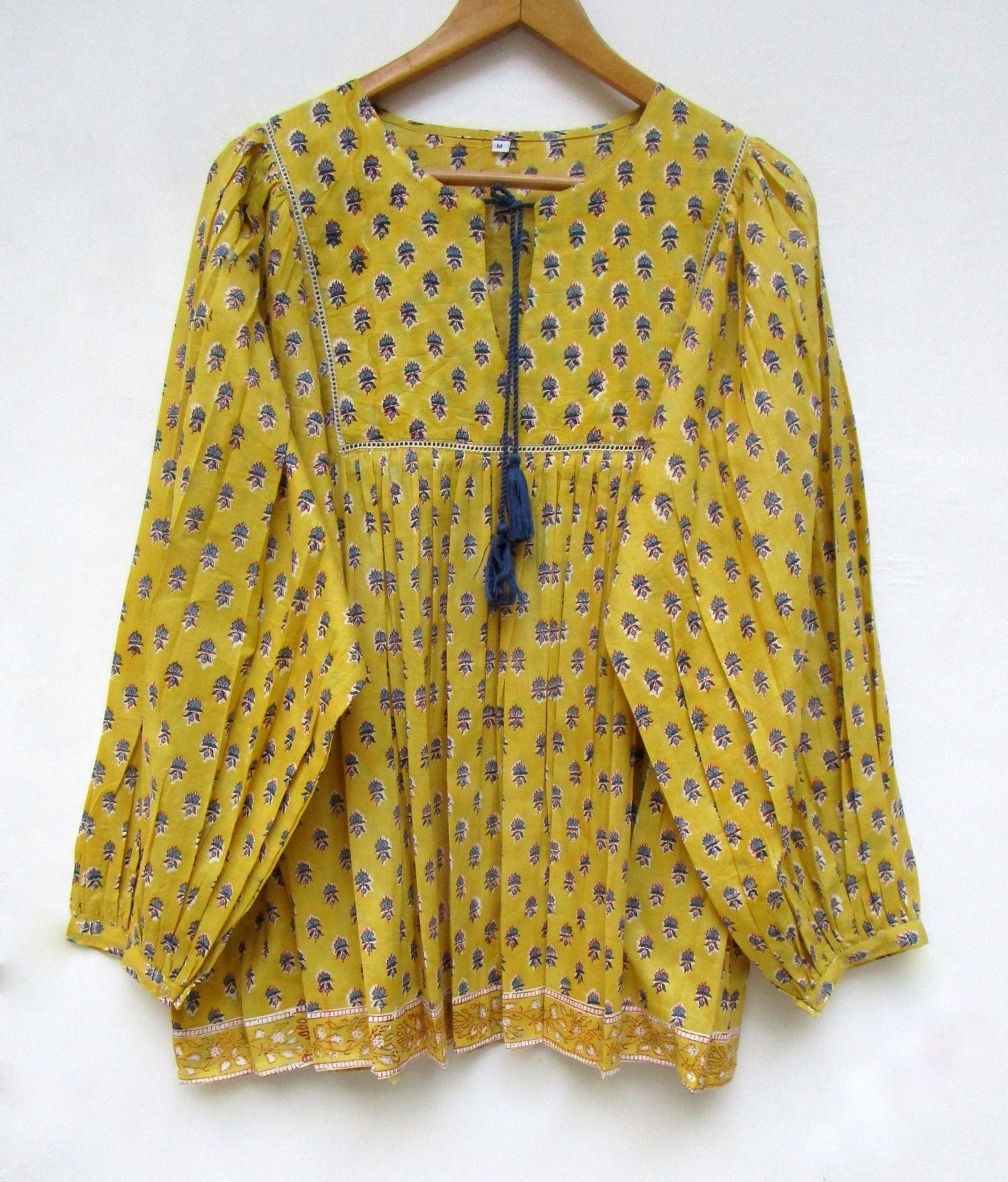 bohemian yellow blue floral hand block printed women's tops and blouse