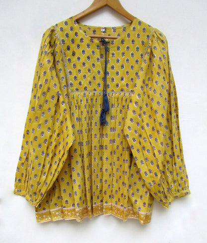 bohemian yellow blue floral hand block printed women's tops and blouse