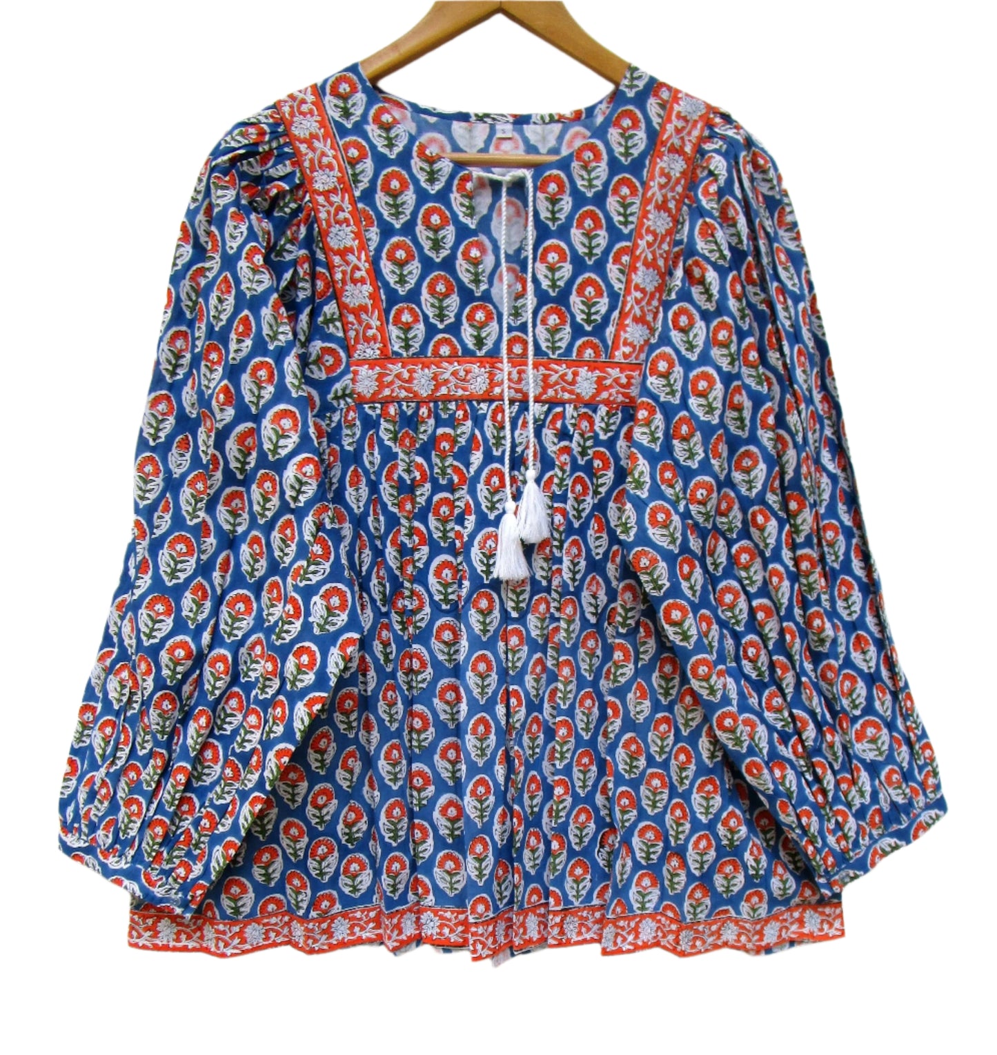 stylish blue red floral hand block printed women's tops and tunics