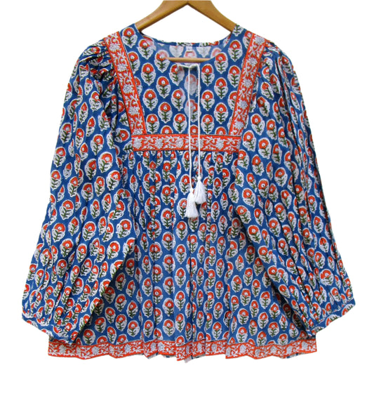 stylish blue red floral hand block printed women's tops and tunics