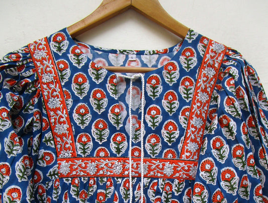 stylish blue red floral hand block printed women's tops and tunics