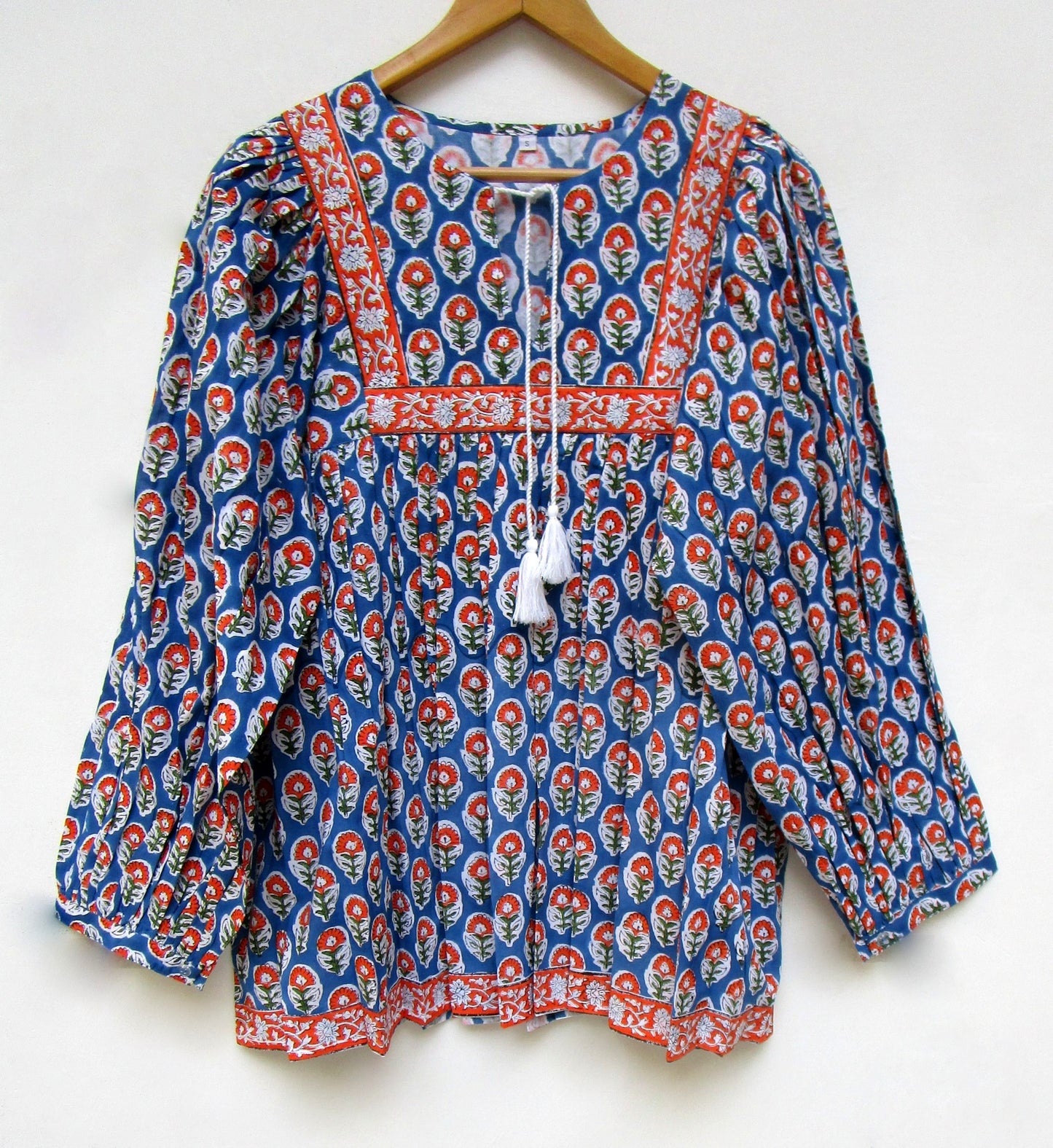 stylish blue red floral hand block printed women's tops and tunics