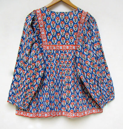 stylish blue red floral hand block printed women's tops and tunics