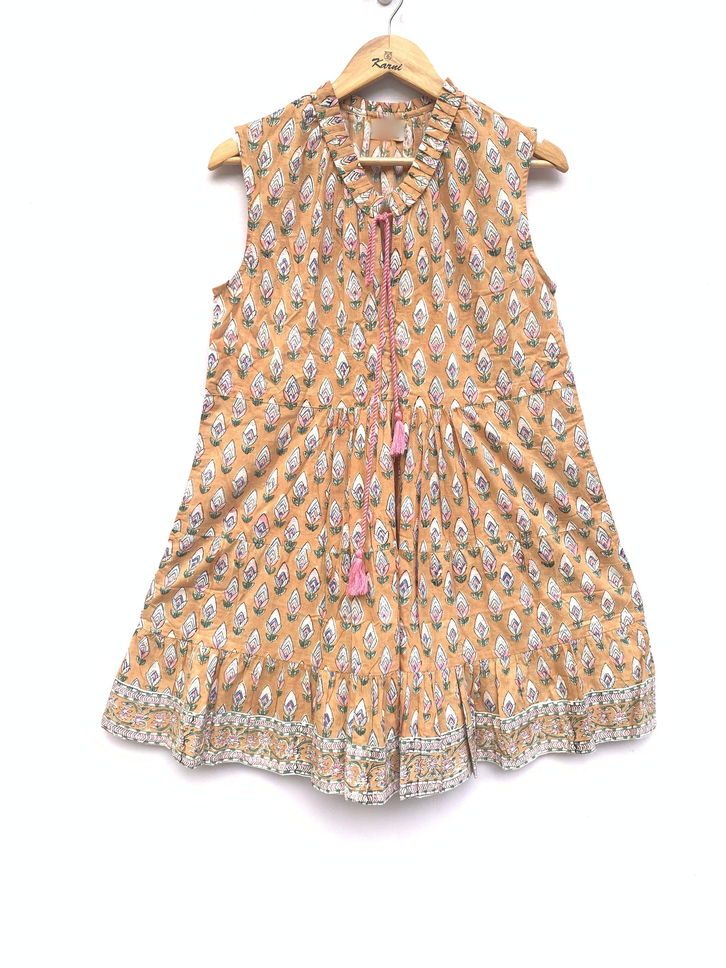 orange womens sleeveless mini dress with pink tassels