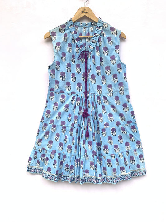 blue womens cotton mini dress with purple marigold flowers