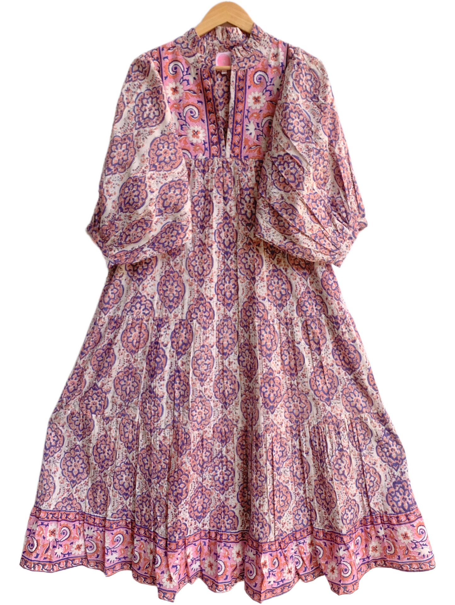 Blush Pink & Indigo Floral Hand Block Print Cotton Maxi Dress – Boho Tiered Maxi, Puff Sleeve
