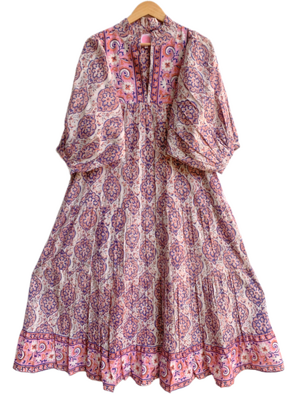 Blush Pink & Indigo Floral Hand Block Print Cotton Maxi Dress – Boho Tiered Maxi, Puff Sleeve