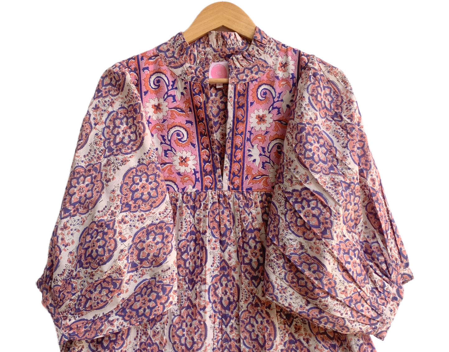 Blush Pink & Indigo Floral Hand Block Print Cotton Maxi Dress – Boho Tiered Maxi, Puff Sleeve