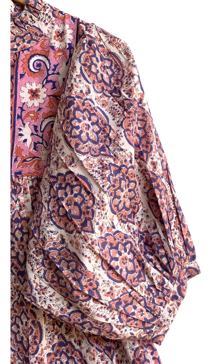 Blush Pink & Indigo Floral Hand Block Print Cotton Maxi Dress – Boho Tiered Maxi, Puff Sleeve
