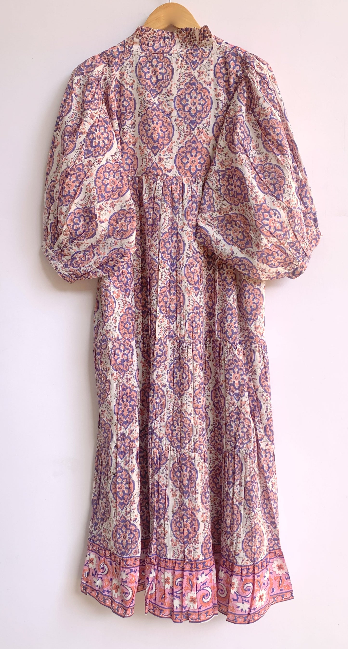 Blush Pink & Indigo Floral Hand Block Print Cotton Maxi Dress – Boho Tiered Maxi, Puff Sleeve