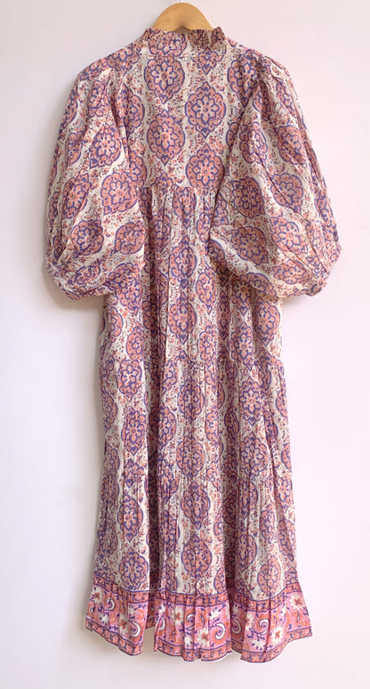 Blush Pink & Indigo Floral Hand Block Print Cotton Maxi Dress – Boho Tiered Maxi, Puff Sleeve