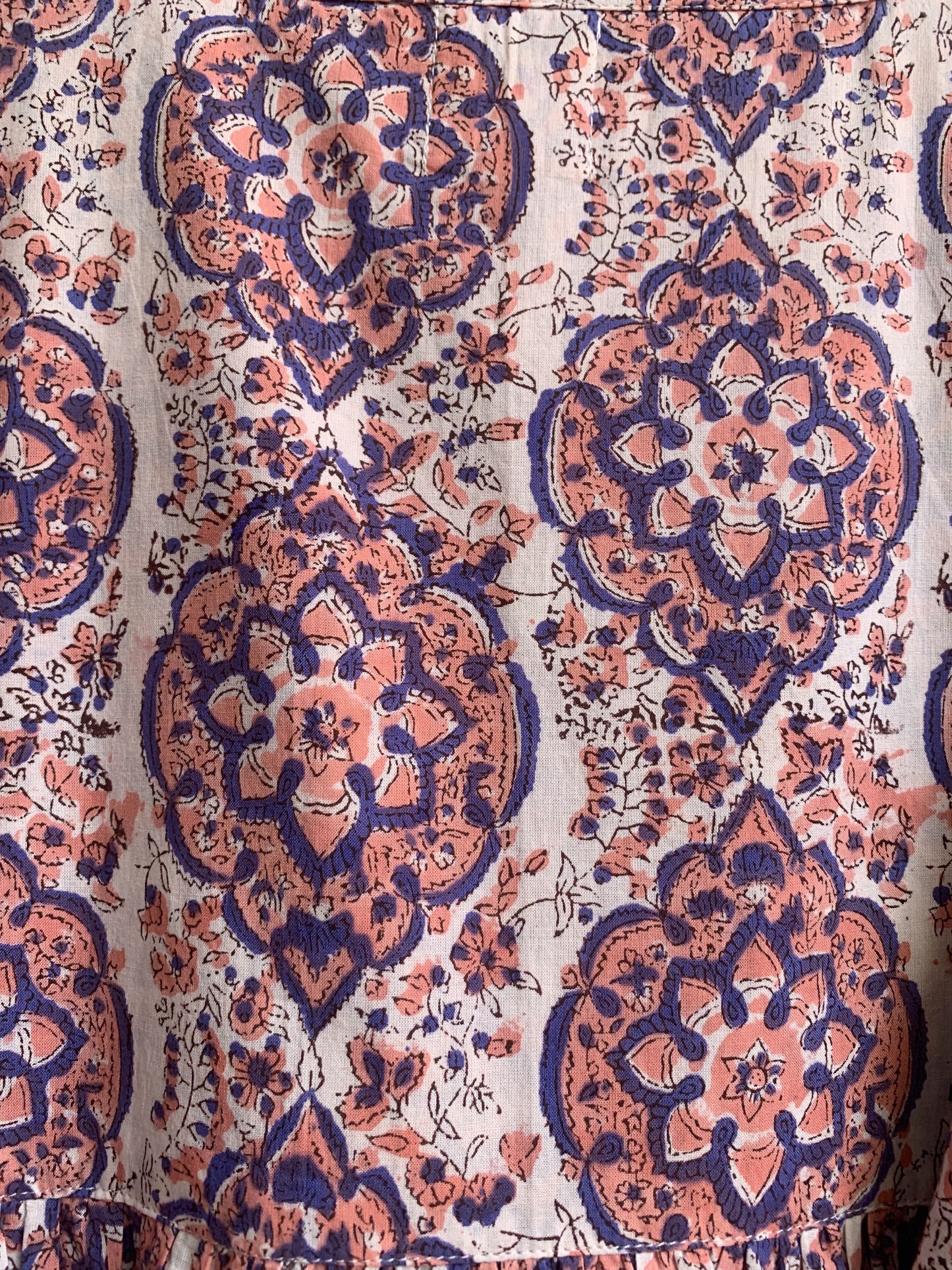 Blush Pink & Indigo Floral Hand Block Print Cotton Maxi Dress – Boho Tiered Maxi, Puff Sleeve