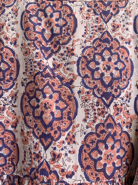 Blush Pink & Indigo Floral Hand Block Print Cotton Maxi Dress – Boho Tiered Maxi, Puff Sleeve