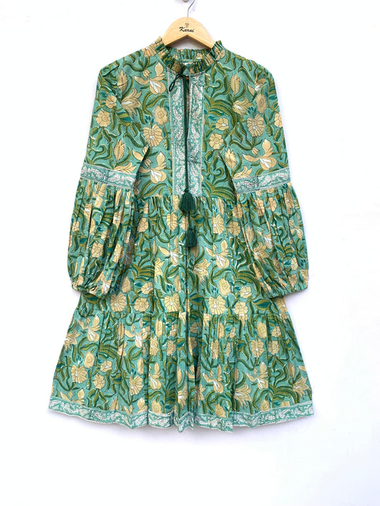 womens long sleeves green mini dress with yellow flowers
