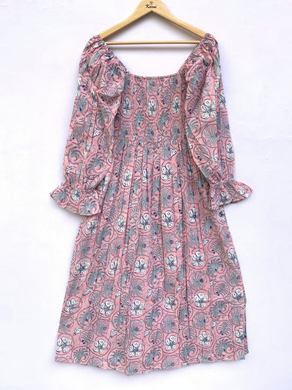 Pink Floral Hand Block Printed Cotton Midi Dress – Smocked Bodice Puff Sleeve Boho Dress