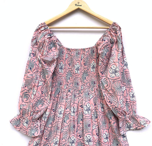 Pink Floral Hand Block Printed Cotton Midi Dress – Smocked Bodice Puff Sleeve Boho Dress