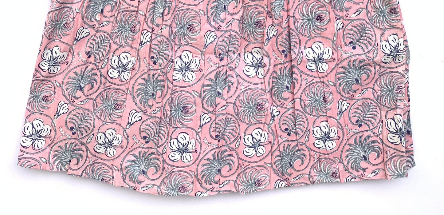 Pink Floral Hand Block Printed Cotton Midi Dress – Smocked Bodice Puff Sleeve Boho Dress