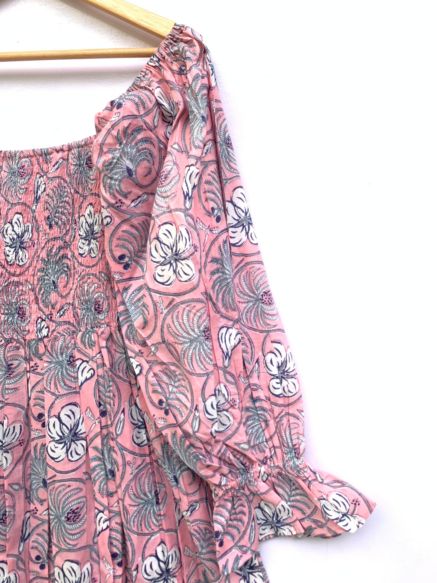Pink Floral Hand Block Printed Cotton Midi Dress – Smocked Bodice Puff Sleeve Boho Dress