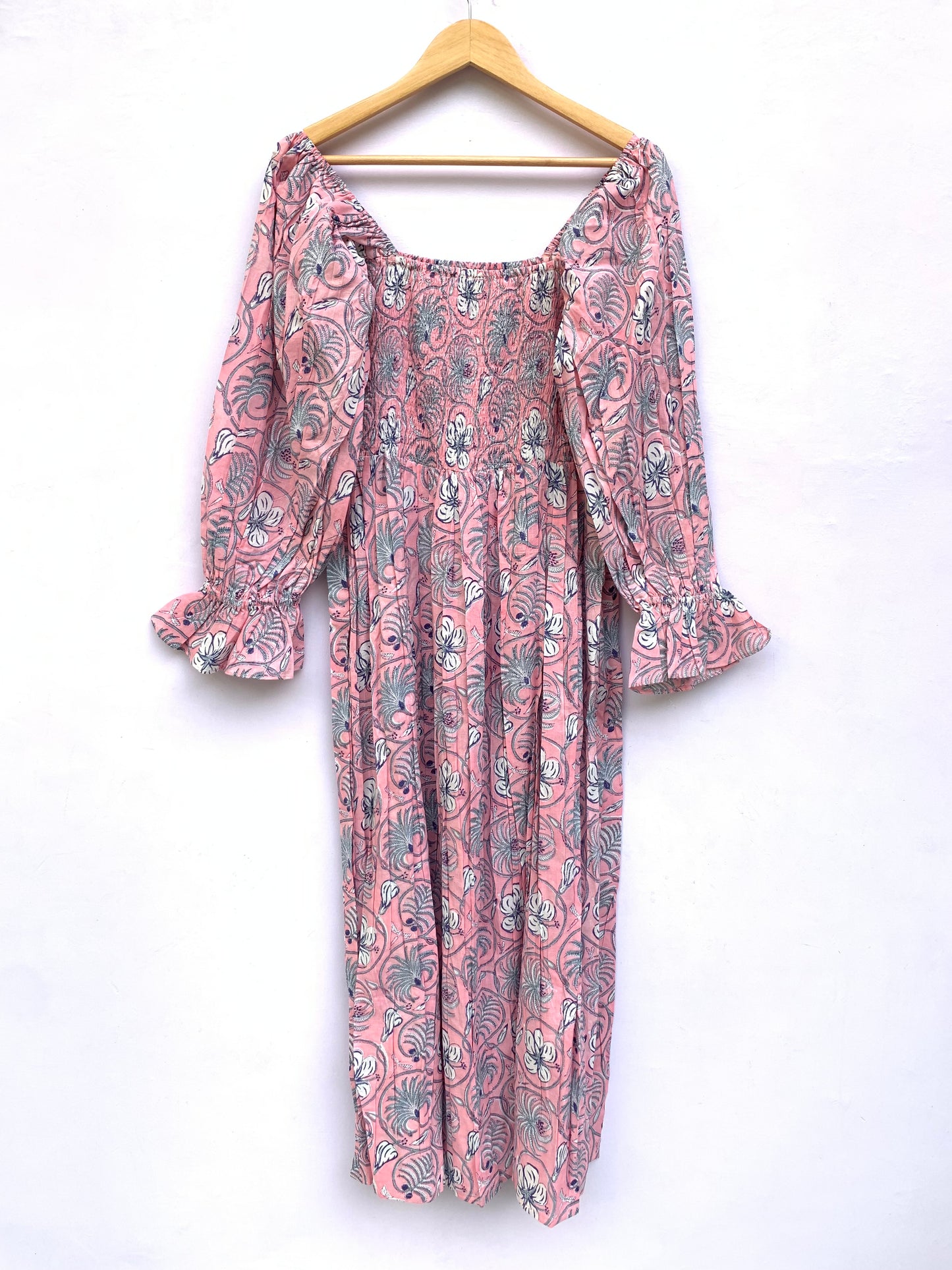 Pink Floral Hand Block Printed Cotton Midi Dress – Smocked Bodice Puff Sleeve Boho Dress
