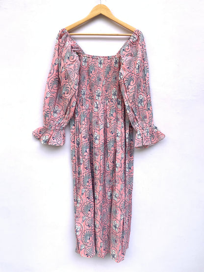 Pink Floral Hand Block Printed Cotton Midi Dress – Smocked Bodice Puff Sleeve Boho Dress