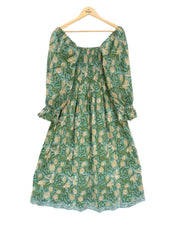 green jungle floral hand block printed smocked maxi dress - long ruffle sleeve