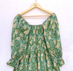 green jungle floral hand block printed smocked maxi dress - long ruffle sleeve