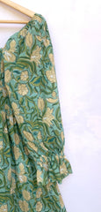 green jungle floral hand block printed smocked maxi dress - long ruffle sleeve