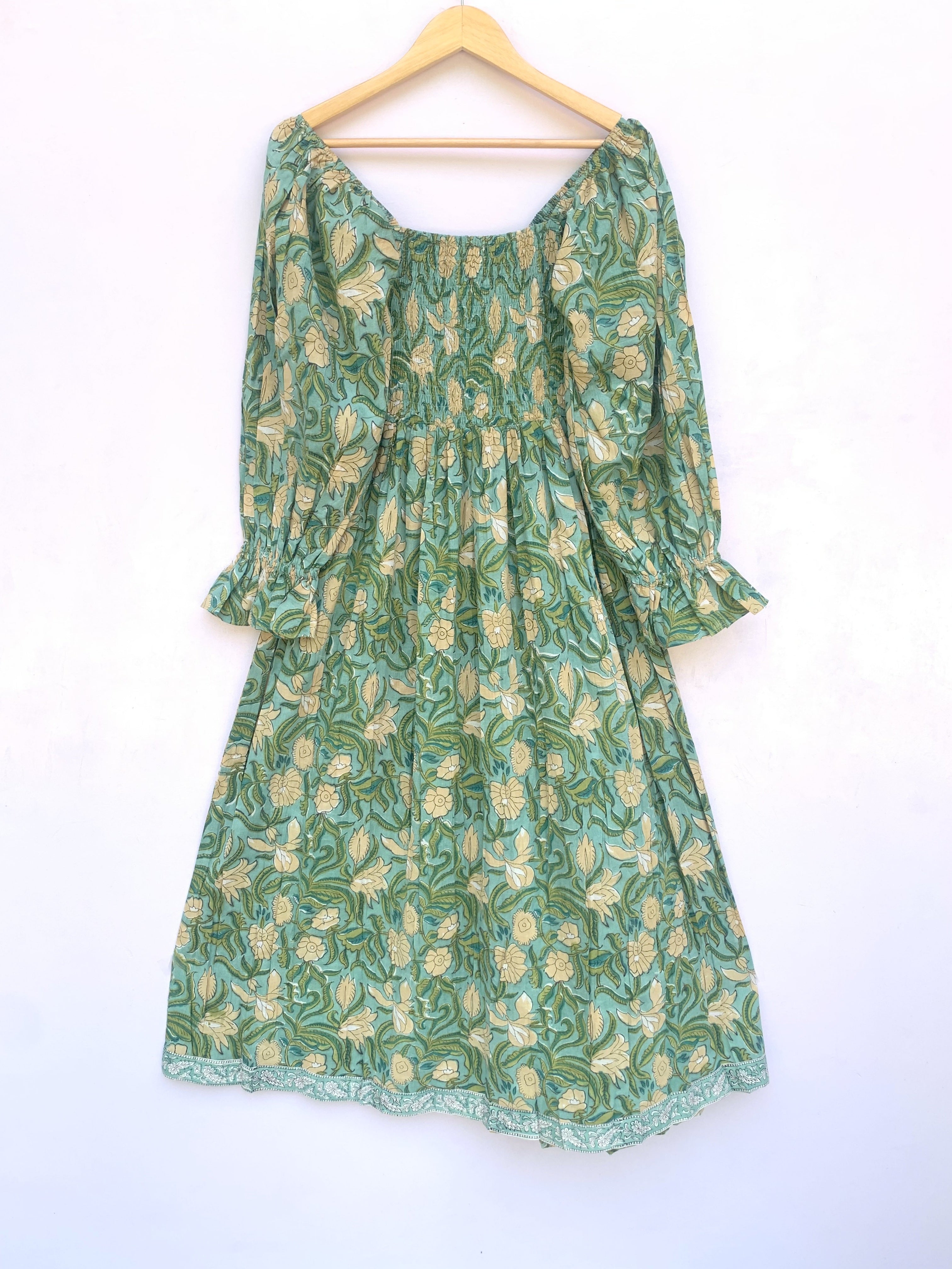 green jungle floral hand block printed smocked maxi dress - long ruffle sleeve