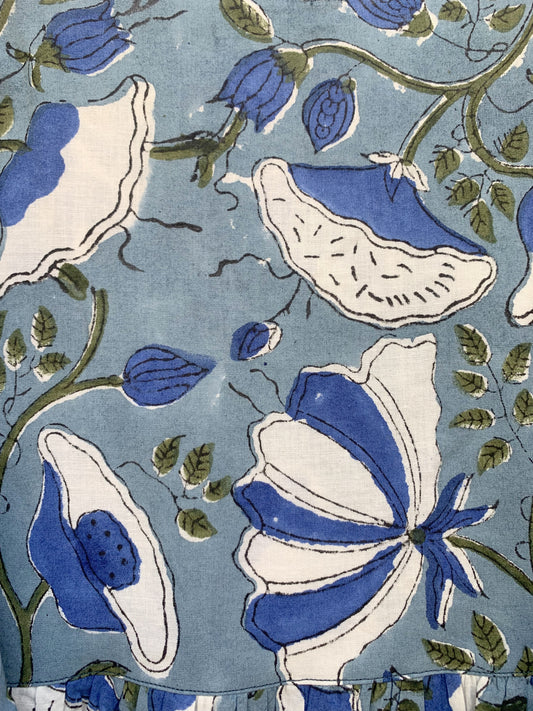 bohemian blue-white floral block printed women's maxi dress - 3/4th sleeves with belt cotton long maxi dress