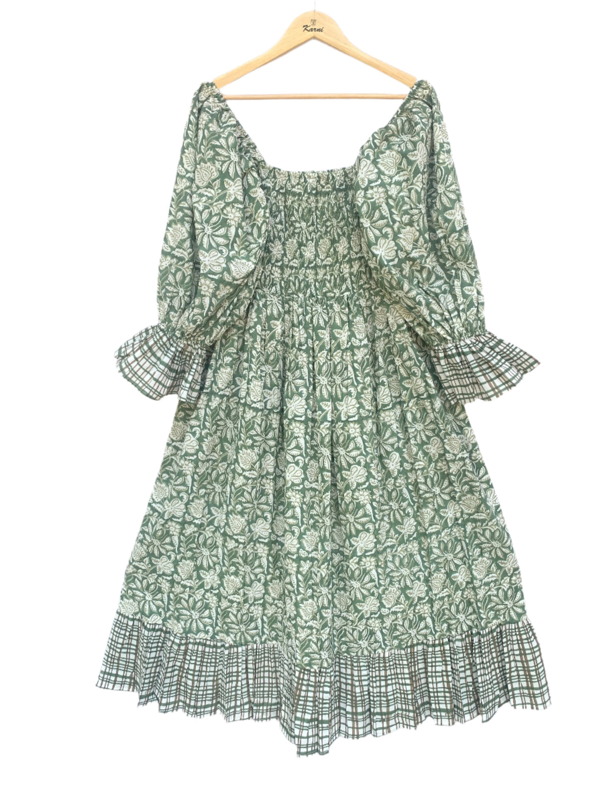 cotton green leaf floral block printed women's maxi dress - square neckline with elastic sleeves