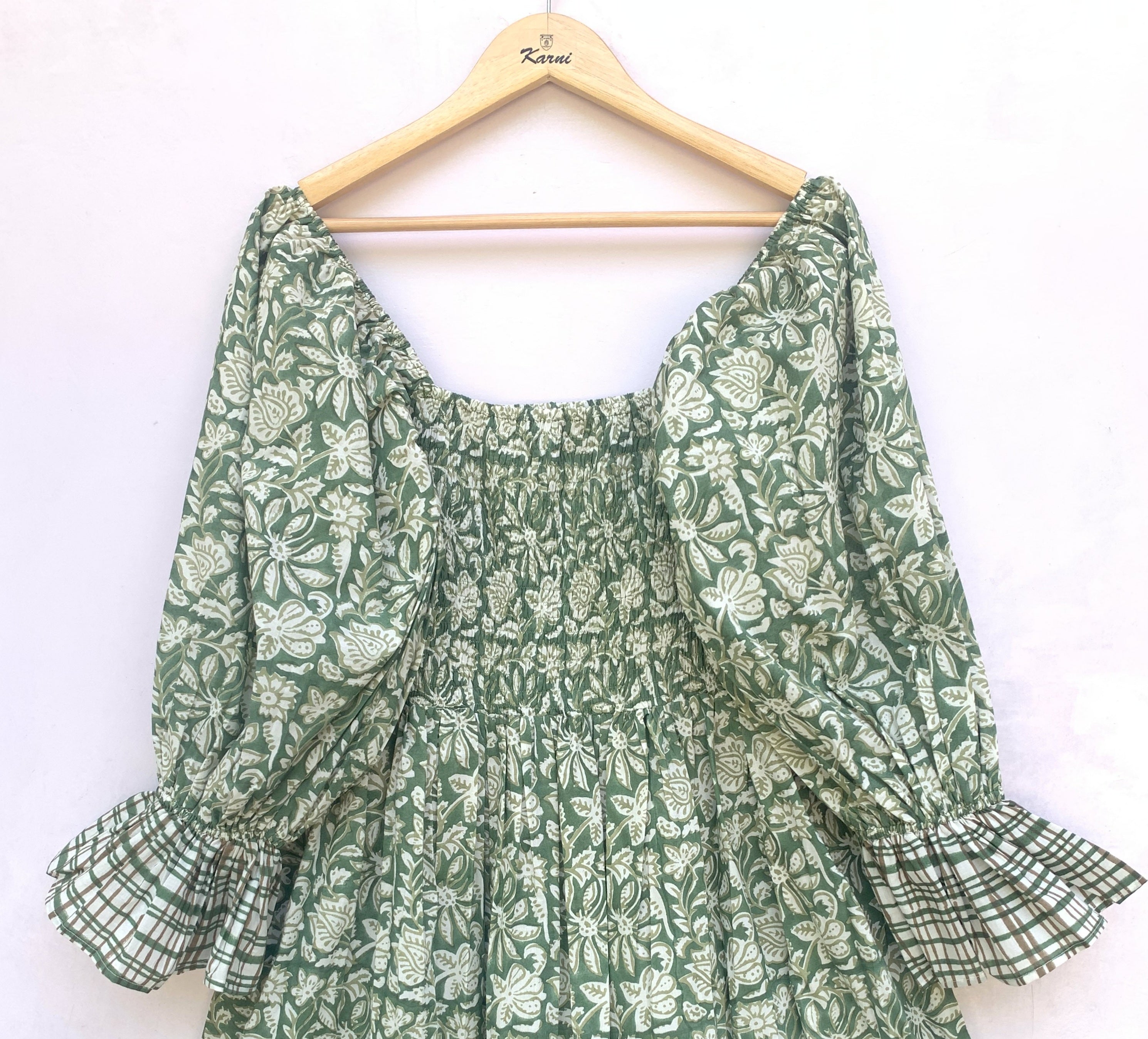 cotton green leaf floral block printed women's maxi dress - square neckline with elastic sleeves